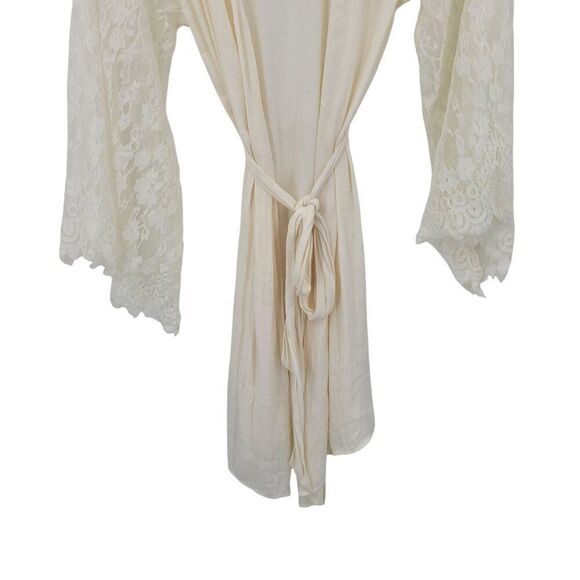 Vintage-Inspired Cream Robe Sz S Sheer Lace Kimono Sleeves Waist Tie Bridal - Picture 5 of 9